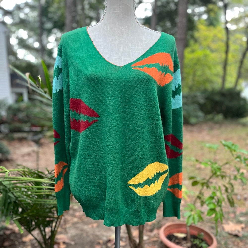 Sexyasasii Lips 👄 Intarsia Fall V-Neck Sweater, Large, Multicolor, Travel, GUC